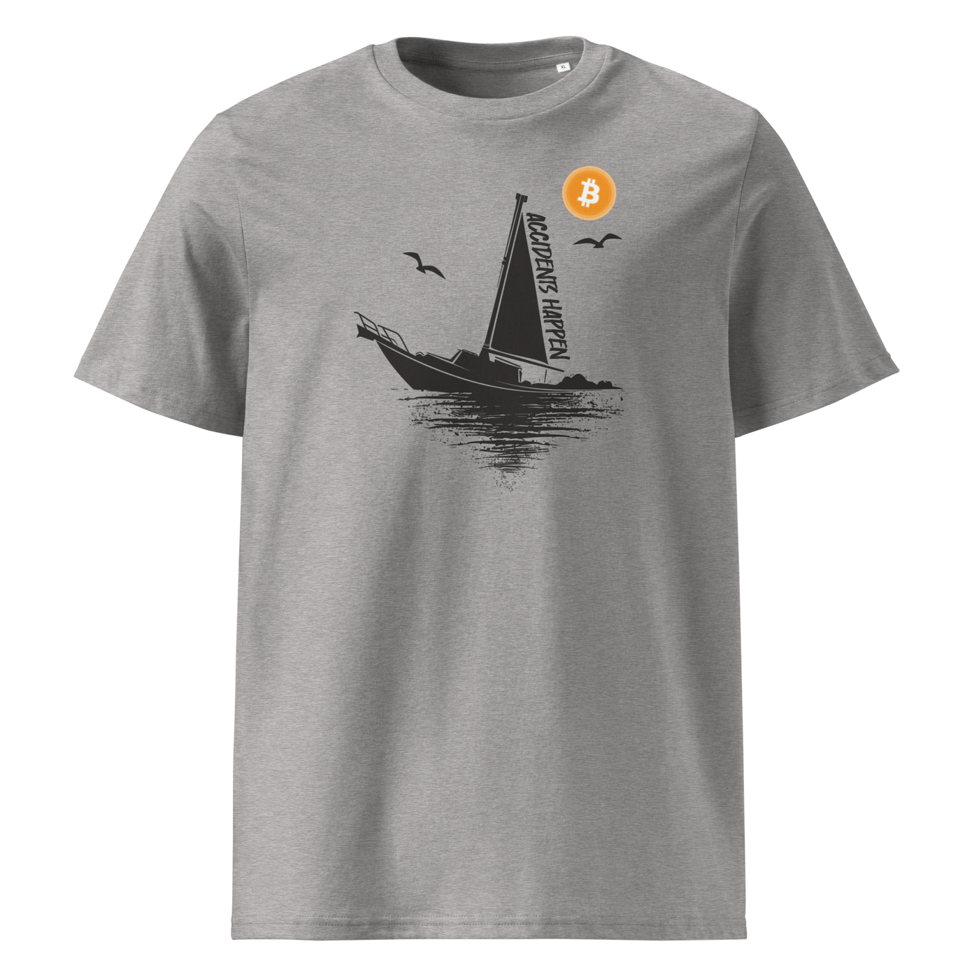 Boat Accident - Accidents Happen organic cotton bitcoin t-shirt in Heather Grey, front view: a black sailboat under an orange bitcoin sun, captioned Accidents Happen.