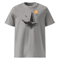Boat Accident - Accidents Happen organic cotton bitcoin t-shirt in Heather Grey, front view: a black sailboat under an orange bitcoin sun, captioned Accidents Happen.