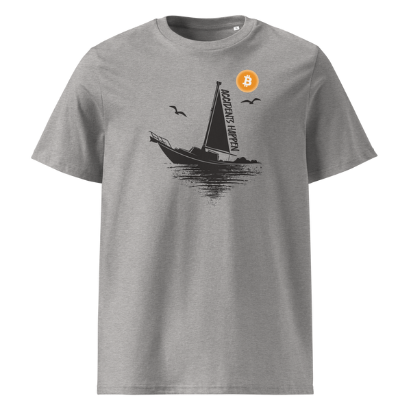 Boat Accident - Accidents Happen organic cotton bitcoin t-shirt in Heather Grey, front view: a black sailboat under an orange bitcoin sun, captioned Accidents Happen.