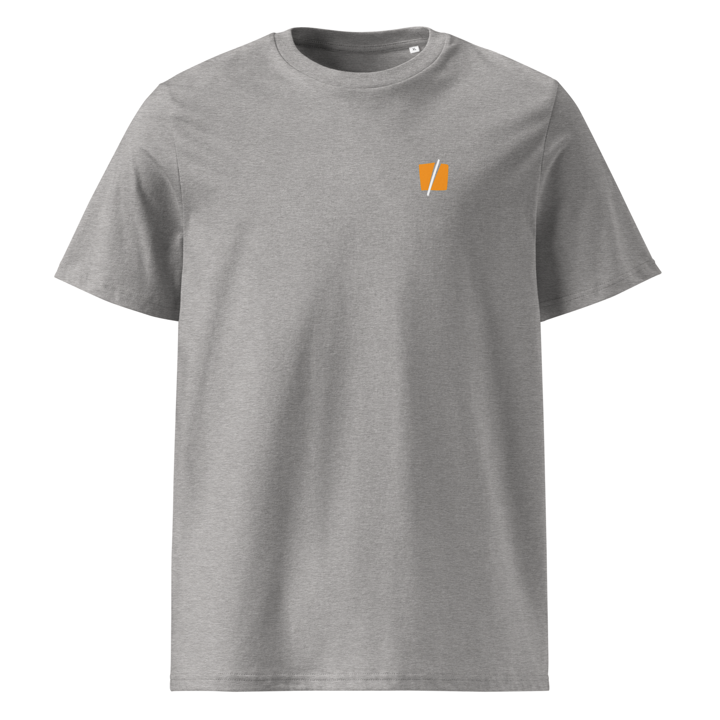 Bitcoin Halving organic cotton bitcoin t-shirt in Heather Grey, front view: a small halved orange bitcoin symbol on the left chest.