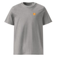 Bitcoin Halving organic cotton bitcoin t-shirt in Heather Grey, front view: a small halved orange bitcoin symbol on the left chest.