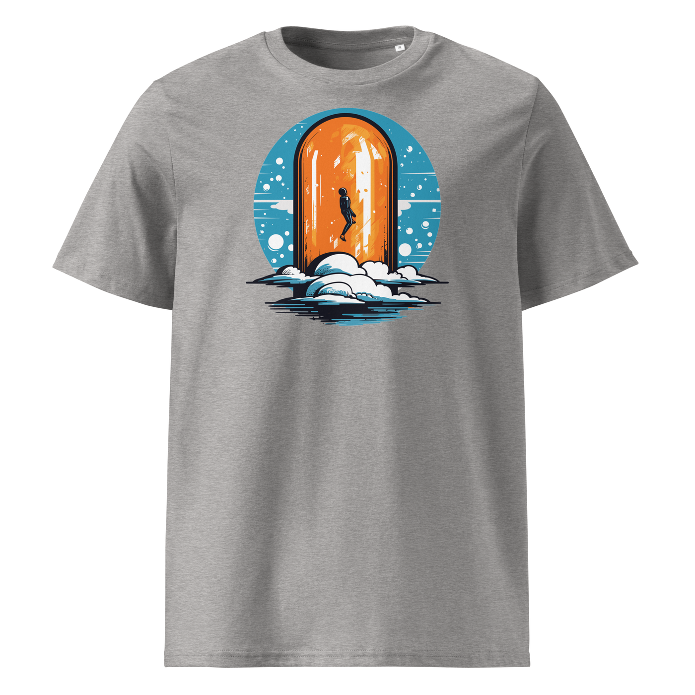 Orange Pill organic cotton bitcoin t-shirt in Heather Grey, front view: a silhouette stepping through an orange pill shaped doorway above the clouds.
