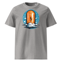 Orange Pill organic cotton bitcoin t-shirt in Heather Grey, front view: a silhouette stepping through an orange pill shaped doorway above the clouds.