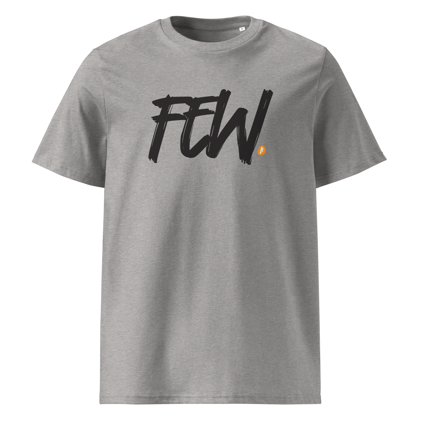 Few organic cotton bitcoin t-shirt in Heather Grey, front view: FEW. in black brush lettering with an orange bitcoin dot.