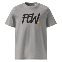 Few organic cotton bitcoin t-shirt in Heather Grey, front view: FEW. in black brush lettering with an orange bitcoin dot.