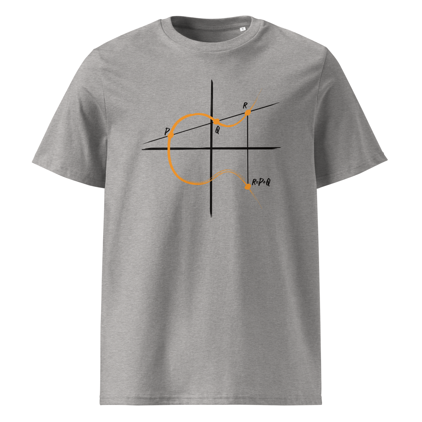 Elliptic Curve Cryptography organic cotton bitcoin t-shirt in Heather Grey, front view: a line drawing of an elliptic curve with the points P, Q and R.