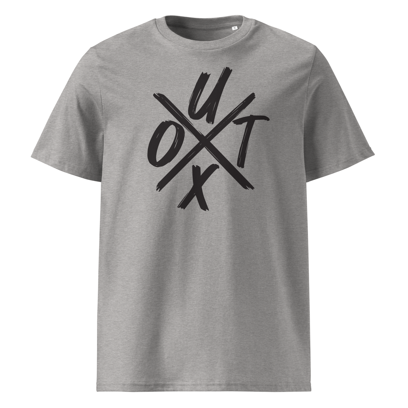 UTXO Management organic cotton bitcoin t-shirt in Heather Grey, front view: the letters UTXO arranged around a brushed cross.