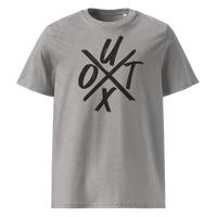 UTXO Management organic cotton bitcoin t-shirt in Heather Grey, front view: the letters UTXO arranged around a brushed cross.