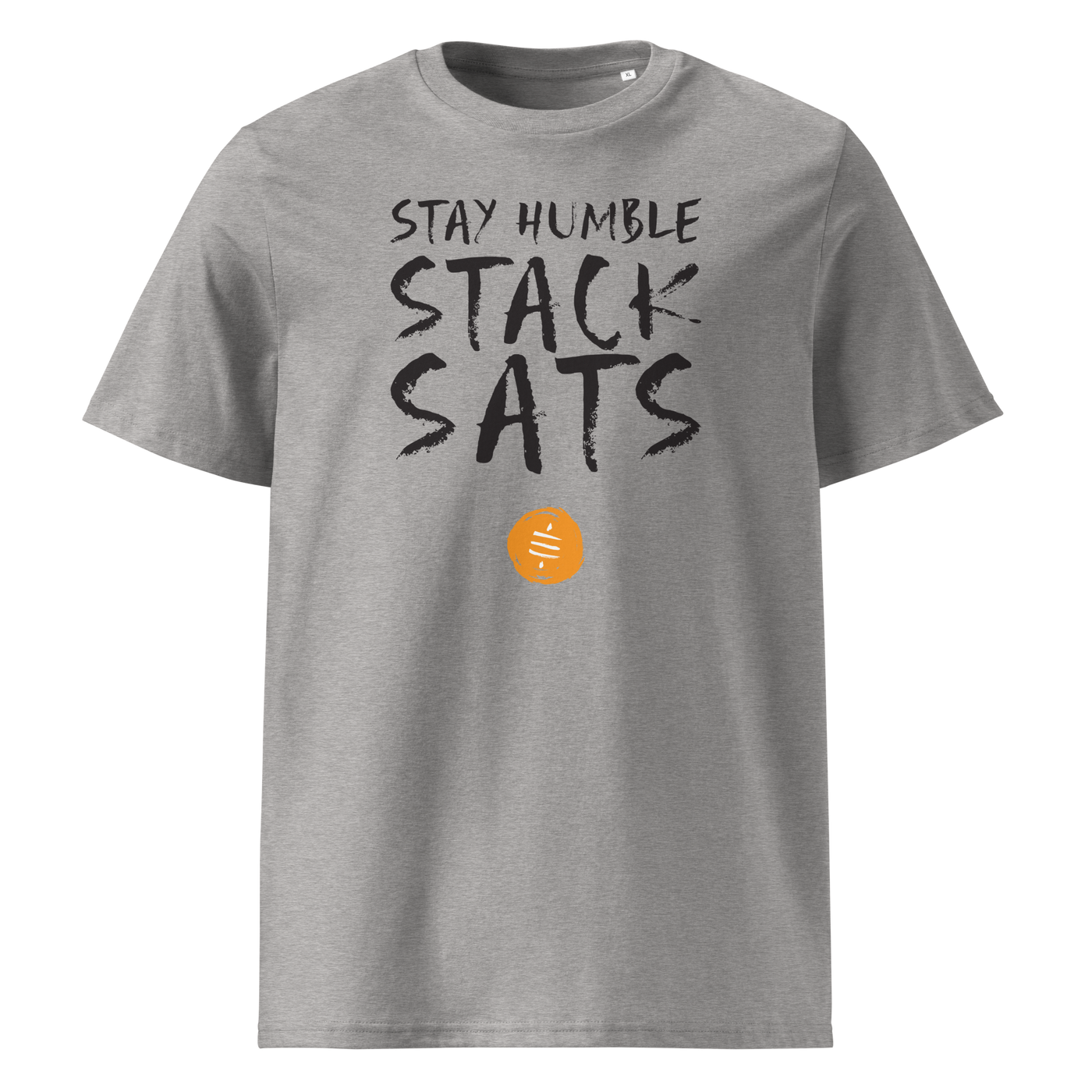 Stay Humble Stack Sats organic cotton bitcoin t-shirt in Heather Grey, front view: Stay Humble Stack Sats in black lettering above an orange sats coin.