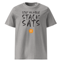 Stay Humble Stack Sats organic cotton bitcoin t-shirt in Heather Grey, front view: Stay Humble Stack Sats in black lettering above an orange sats coin.