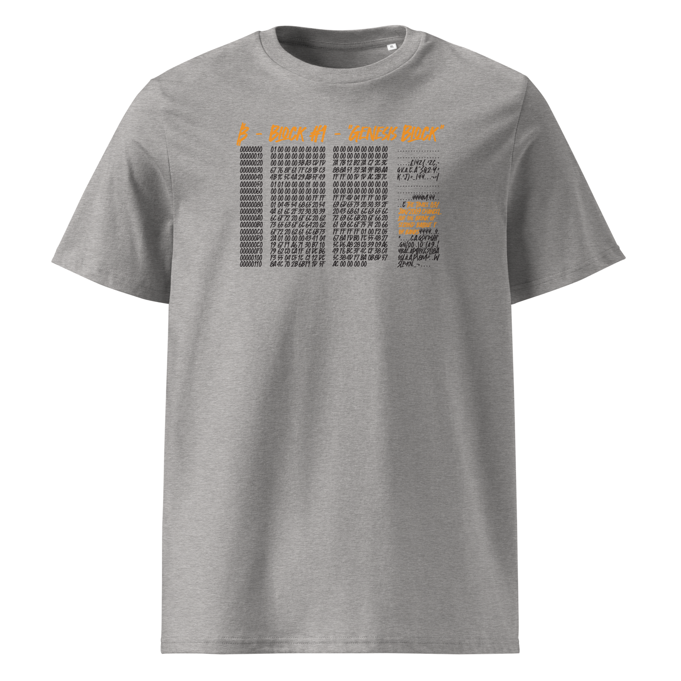 Genesis Block organic cotton bitcoin t-shirt in Heather Grey, front view: the raw data of Bitcoin's genesis block in grey and orange.