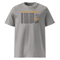 Genesis Block organic cotton bitcoin t-shirt in Heather Grey, front view: the raw data of Bitcoin's genesis block in grey and orange.