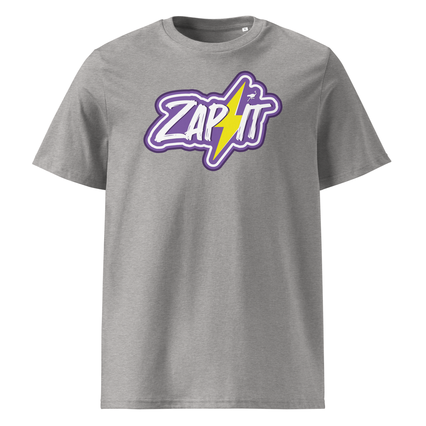 Zap It Nostr organic cotton nostr t-shirt in Heather Grey, front view: Zap It in purple graffiti letters with a yellow lightning bolt.