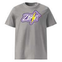 Zap It Nostr organic cotton nostr t-shirt in Heather Grey, front view: Zap It in purple graffiti letters with a yellow lightning bolt.