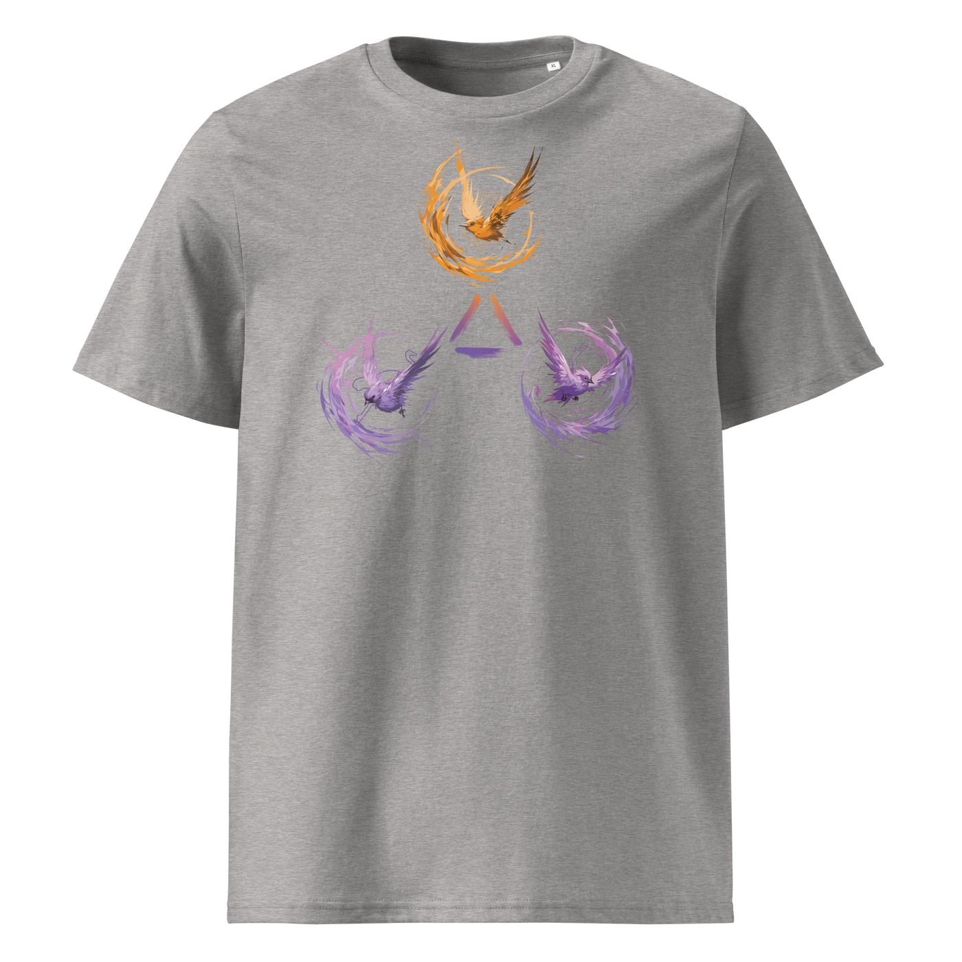 Trinity of Freedom organic cotton bitcoin t-shirt in Heather Grey, front view: three stylised birds, one orange and two purple, around a triangle.