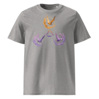 Trinity of Freedom organic cotton bitcoin t-shirt in Heather Grey, front view: three stylised birds, one orange and two purple, around a triangle.