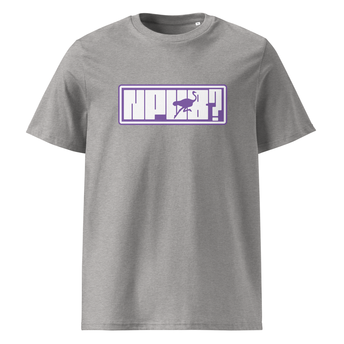 nPub Nostr organic cotton nostr t-shirt in Heather Grey, front view: nPub in purple letters in a frame with an ostrich.