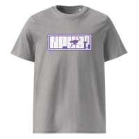 nPub Nostr organic cotton nostr t-shirt in Heather Grey, front view: nPub in purple letters in a frame with an ostrich.
