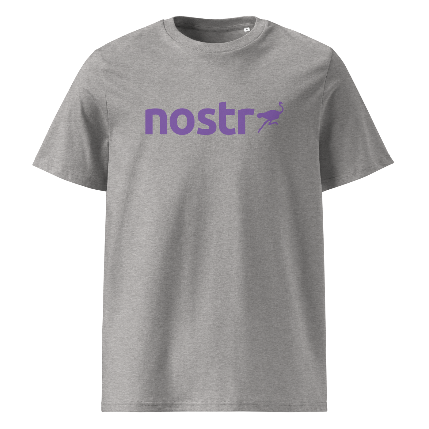 Nostr organic cotton nostr t-shirt in Heather Grey, front view: the nostr wordmark in purple with an ostrich.