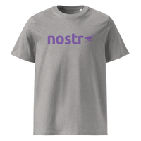 Nostr organic cotton nostr t-shirt in Heather Grey, front view: the nostr wordmark in purple with an ostrich.