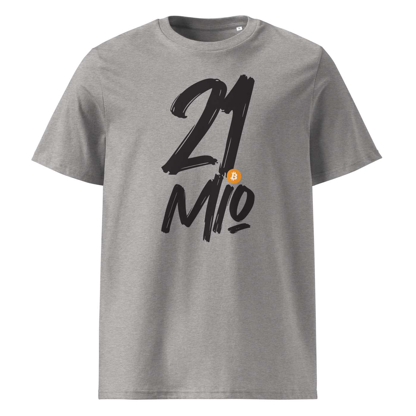 21 Million organic cotton bitcoin t-shirt in Heather Grey, front view: 21 Mio. in black brush lettering with an orange bitcoin coin.