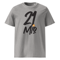 21 Million organic cotton bitcoin t-shirt in Heather Grey, front view: 21 Mio. in black brush lettering with an orange bitcoin coin.