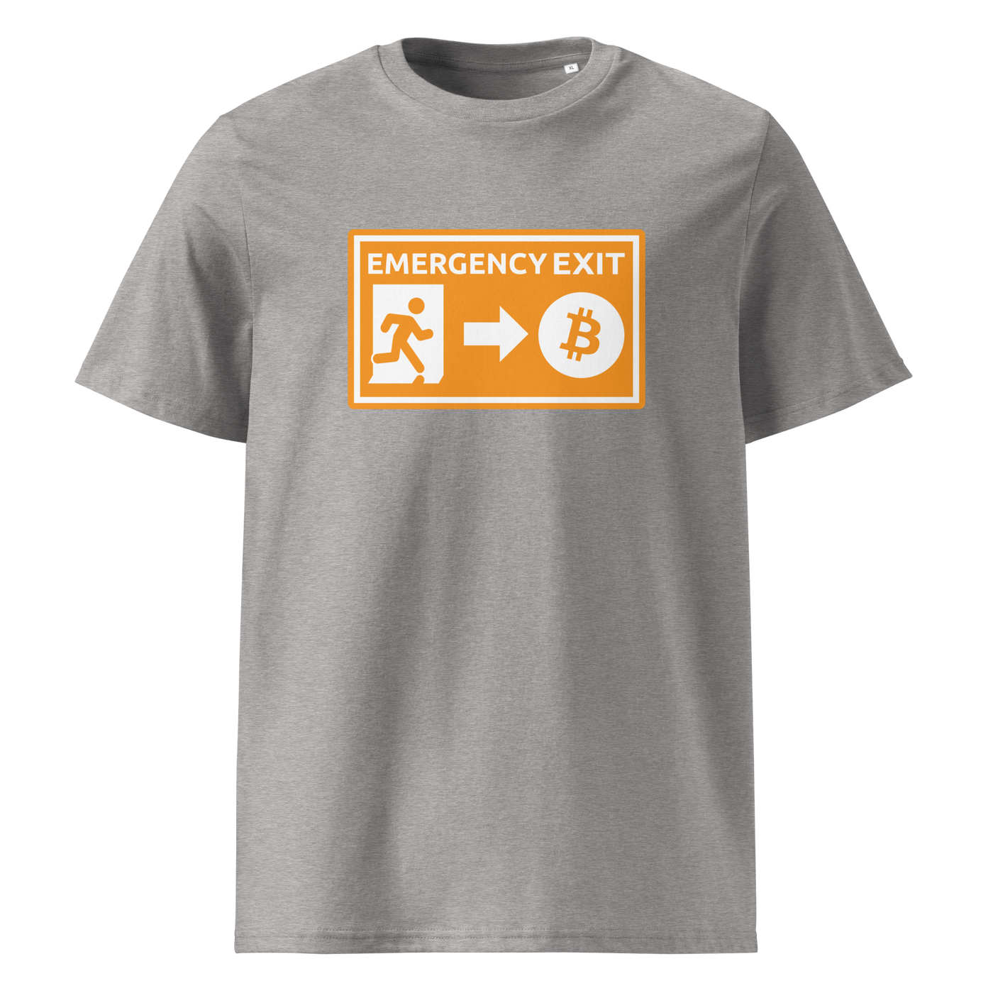 Emergency Exit organic cotton bitcoin t-shirt in Heather Grey, front view: an orange emergency exit sign where the running figure heads towards a bitcoin symbol.
