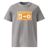 Emergency Exit organic cotton bitcoin t-shirt in Heather Grey, front view: an orange emergency exit sign where the running figure heads towards a bitcoin symbol.