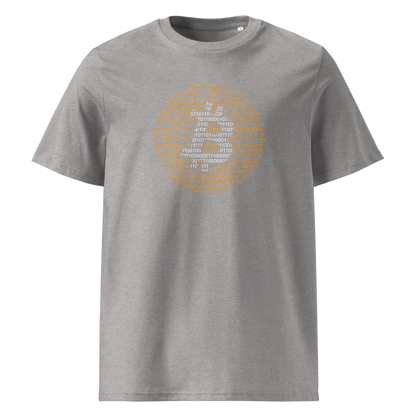 Bitcoin Binary organic cotton bitcoin t-shirt in Heather Grey, front view: an orange bitcoin symbol built from binary digits.