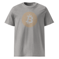 Bitcoin Binary organic cotton bitcoin t-shirt in Heather Grey, front view: an orange bitcoin symbol built from binary digits.