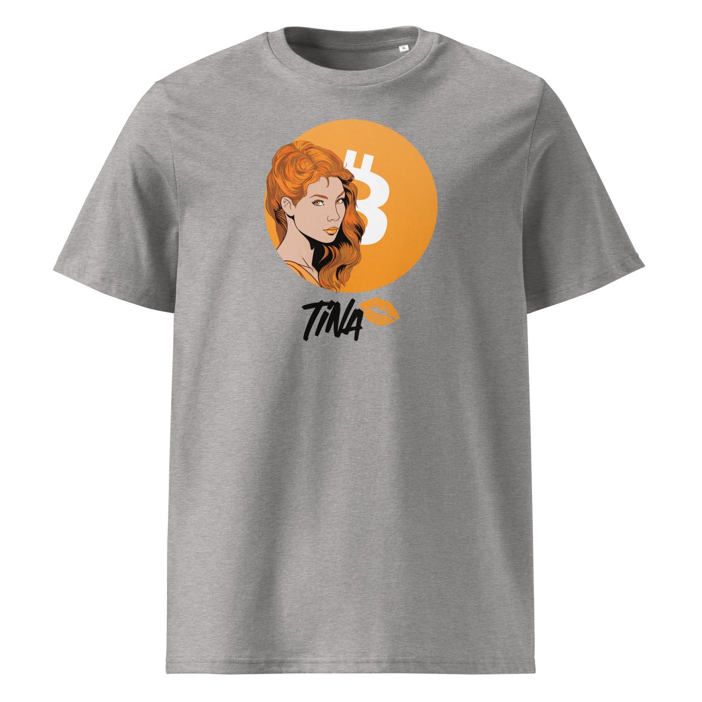 TINA organic cotton bitcoin t-shirt in Heather Grey, front view: an illustrated red haired woman in front of an orange bitcoin circle, signed TINA.