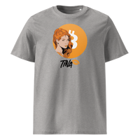 TINA organic cotton bitcoin t-shirt in Heather Grey, front view: an illustrated red haired woman in front of an orange bitcoin circle, signed TINA.