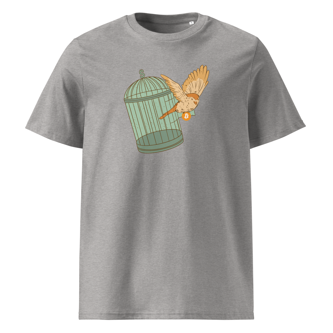 Escape from Fiat Madness organic cotton bitcoin t-shirt in Heather Grey, front view: an orange bird escaping from an open green birdcage.