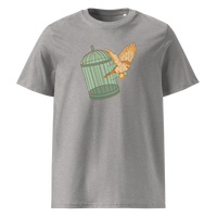 Escape from Fiat Madness organic cotton bitcoin t-shirt in Heather Grey, front view: an orange bird escaping from an open green birdcage.