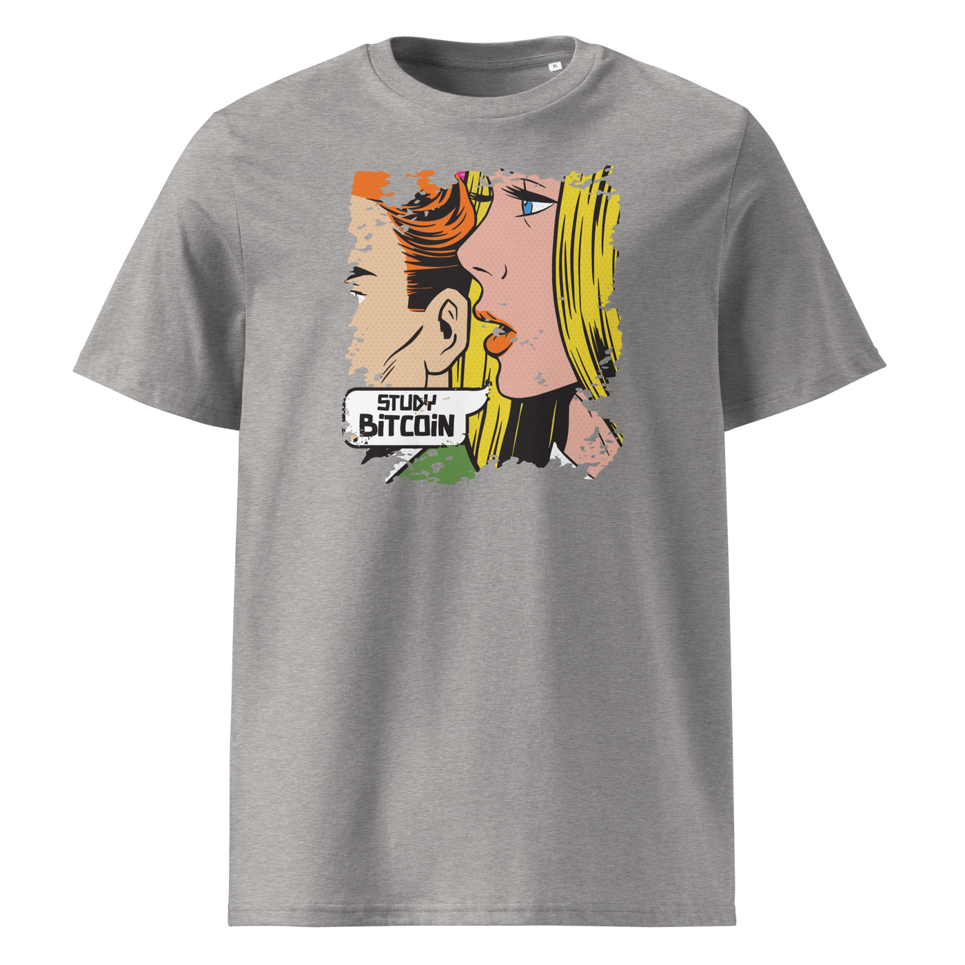 Study Bitcoin organic cotton bitcoin t-shirt in Heather Grey, front view: a pop art comic scene of a couple whispering, captioned Study Bitcoin.