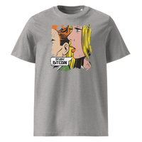 Study Bitcoin organic cotton bitcoin t-shirt in Heather Grey, front view: a pop art comic scene of a couple whispering, captioned Study Bitcoin.