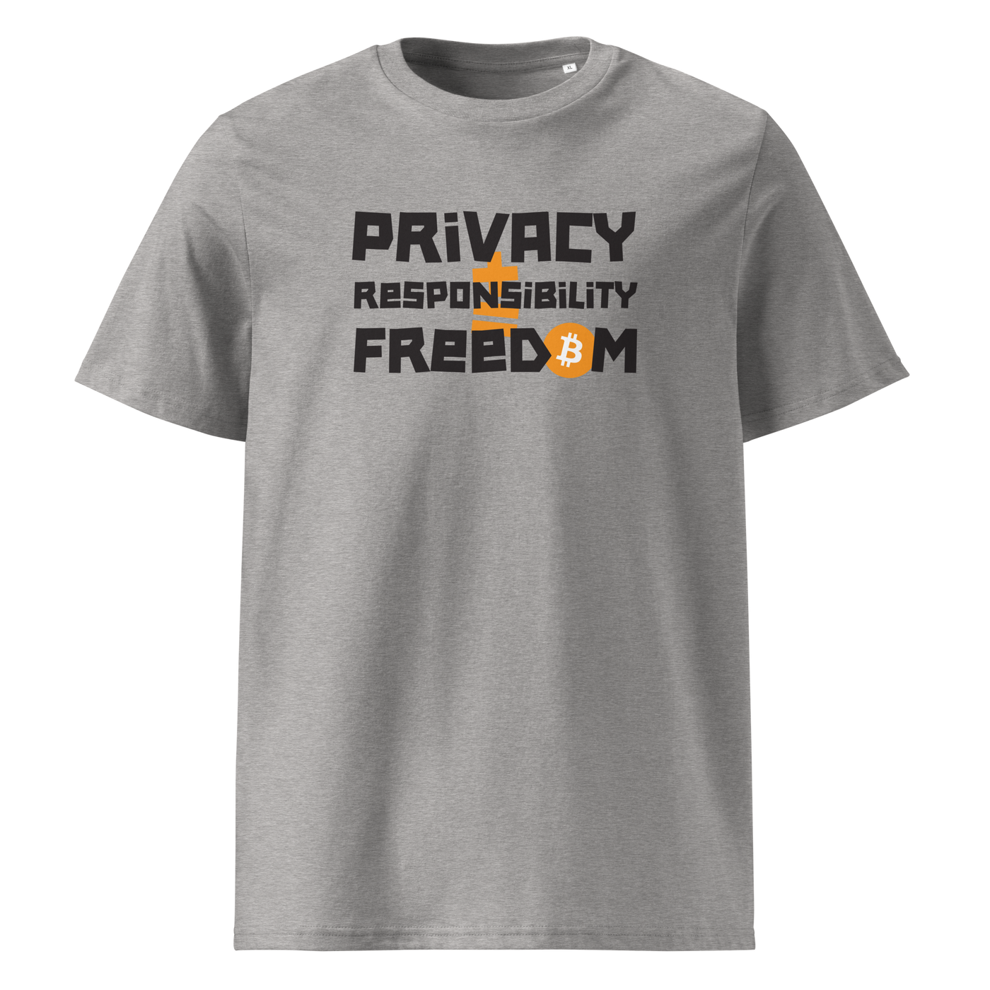 Privacy Responsibility Freedom organic cotton bitcoin t-shirt in Heather Grey, front view: Privacy Responsibility Freedom in white stencil letters, the O of Freedom an orange bitcoin coin.