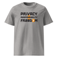 Privacy Responsibility Freedom organic cotton bitcoin t-shirt in Heather Grey, front view: Privacy Responsibility Freedom in white stencil letters, the O of Freedom an orange bitcoin coin.