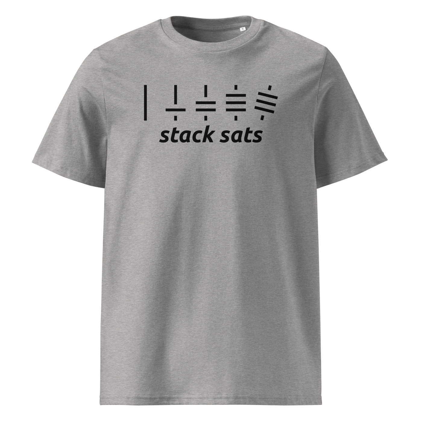 Stack Sats organic cotton bitcoin t-shirt in Heather Grey, front view: five rising stacks of lines above the words stack sats.