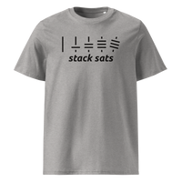 Stack Sats organic cotton bitcoin t-shirt in Heather Grey, front view: five rising stacks of lines above the words stack sats.