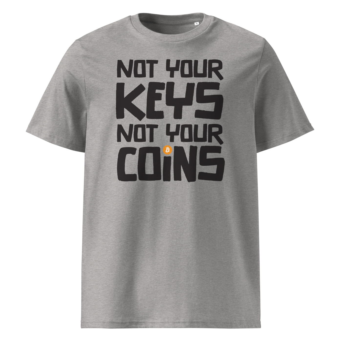 Not your Keys not your Coins organic cotton bitcoin t-shirt in Heather Grey, front view: Not your Keys not your Coins in bold black letters with an orange bitcoin dot.
