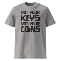 Not your Keys not your Coins organic cotton bitcoin t-shirt in Heather Grey, front view: Not your Keys not your Coins in bold black letters with an orange bitcoin dot.