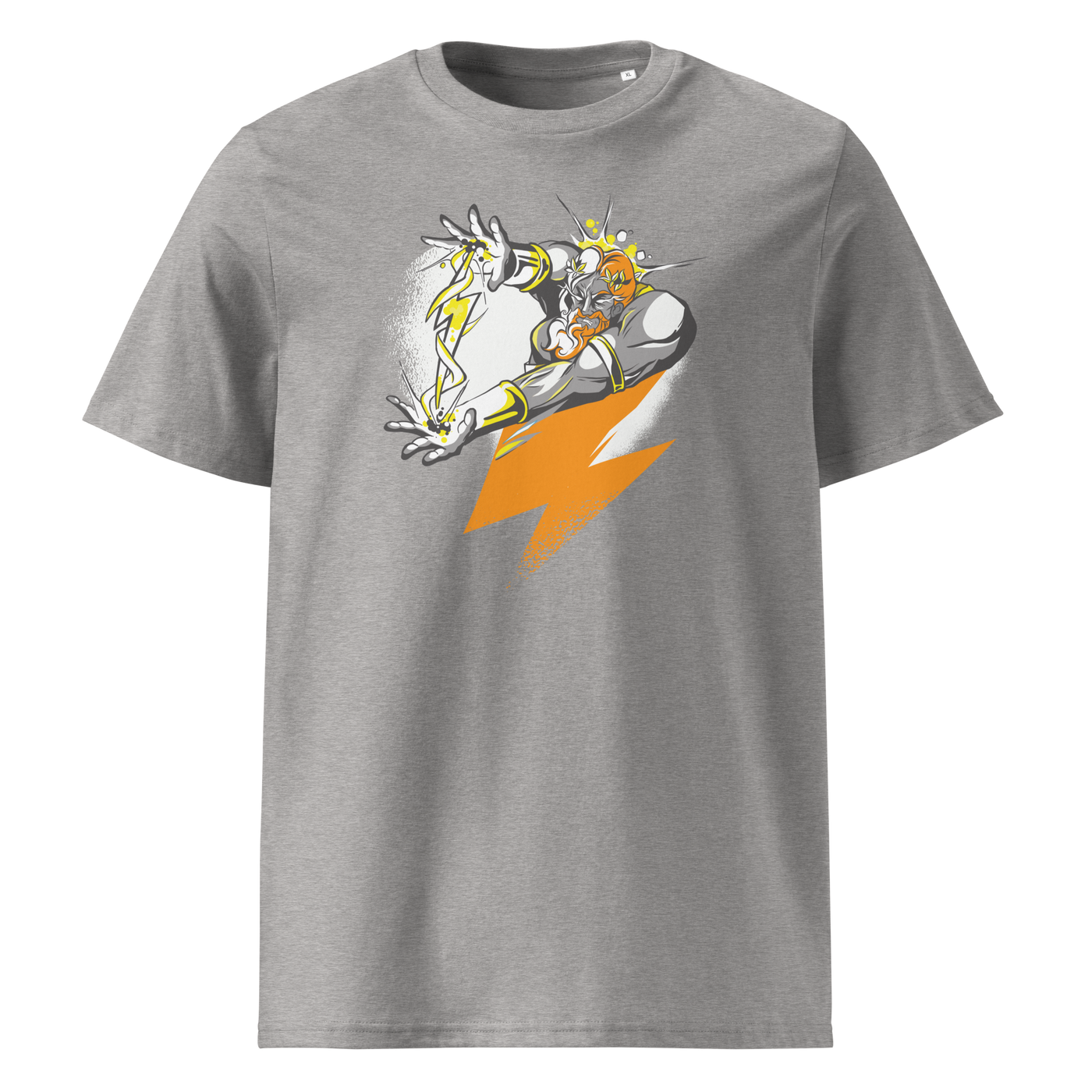 Bitcoin Support Zeus organic cotton bitcoin t-shirt in Heather Grey, front view: Zeus hurling an orange lightning bolt from a cloud.