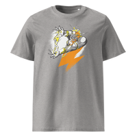 Bitcoin Support Zeus organic cotton bitcoin t-shirt in Heather Grey, front view: Zeus hurling an orange lightning bolt from a cloud.