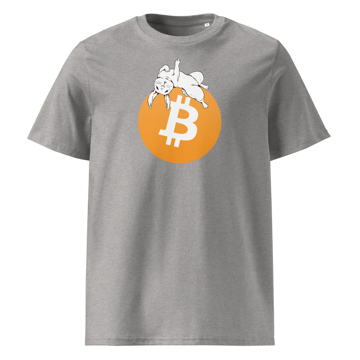 White Rabbit Bitcoin - F*** Fiat Money organic cotton bitcoin t-shirt in Heather Grey, front view: a white rabbit leaping over a large orange bitcoin coin.