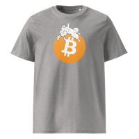 White Rabbit Bitcoin - F*** Fiat Money organic cotton bitcoin t-shirt in Heather Grey, front view: a white rabbit leaping over a large orange bitcoin coin.