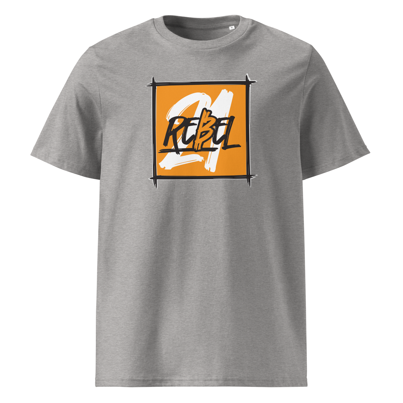 21 Rebel organic cotton bitcoin t-shirt in Heather Grey, front view: a brushed orange square with 21 REBEL in white and black lettering.