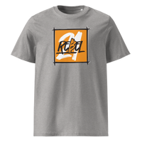21 Rebel organic cotton bitcoin t-shirt in Heather Grey, front view: a brushed orange square with 21 REBEL in white and black lettering.