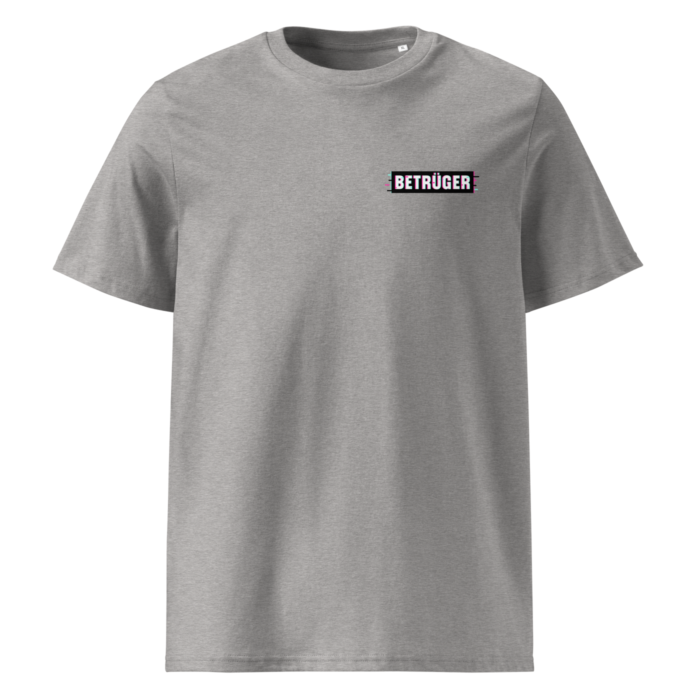 Betrüger anarcho late night organic cotton t-shirt in Heather Grey, front view: a small black box logo reading Betrueger on the left chest.
