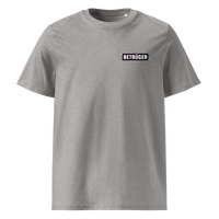 Betrüger anarcho late night organic cotton t-shirt in Heather Grey, front view: a small black box logo reading Betrueger on the left chest.